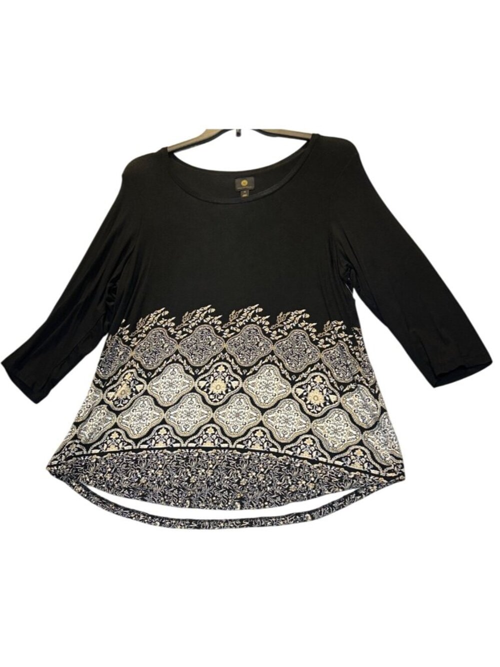 JM Collection Size 1X Black & Gold Floral Border Print 3/4 Sleeve Top